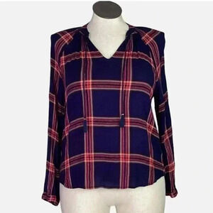 Lucky Brand Top Women L Blue Multi Plaid Tassel Tie V Neck Raglan Sleeve